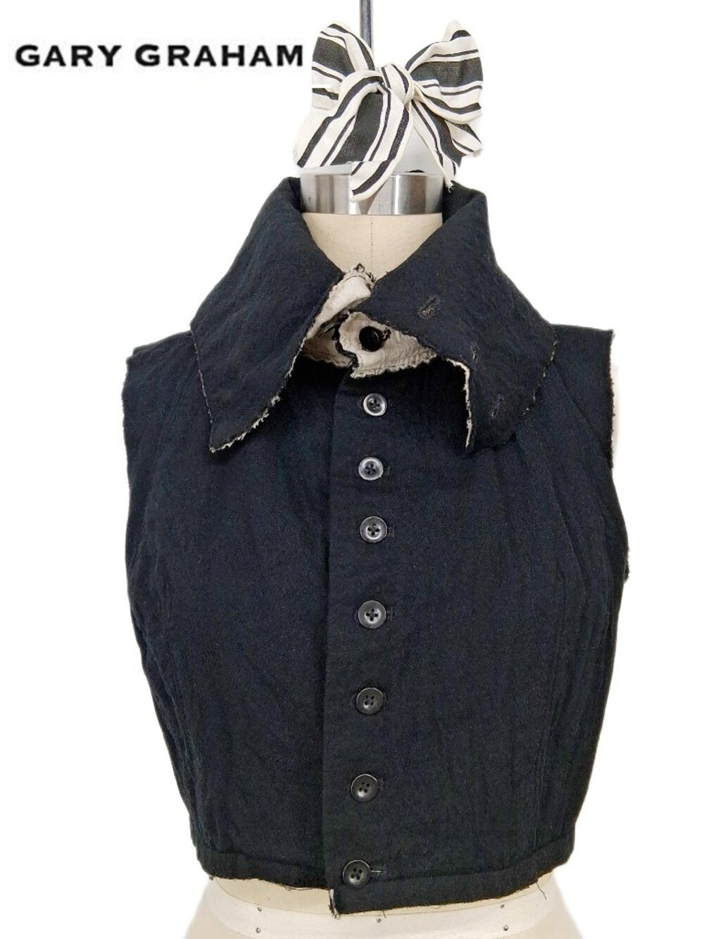 Gary Graham Black Wool Linen High Neck Button Vest Waistcoat Deconstructed SZ 2